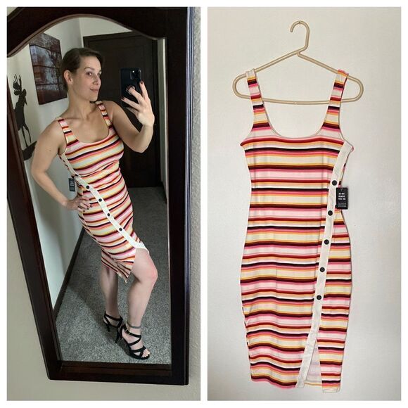 Express Bodycon Midi Dress NEW Stretchy Stripe Party Going Out XS - Picture 1 of 13
